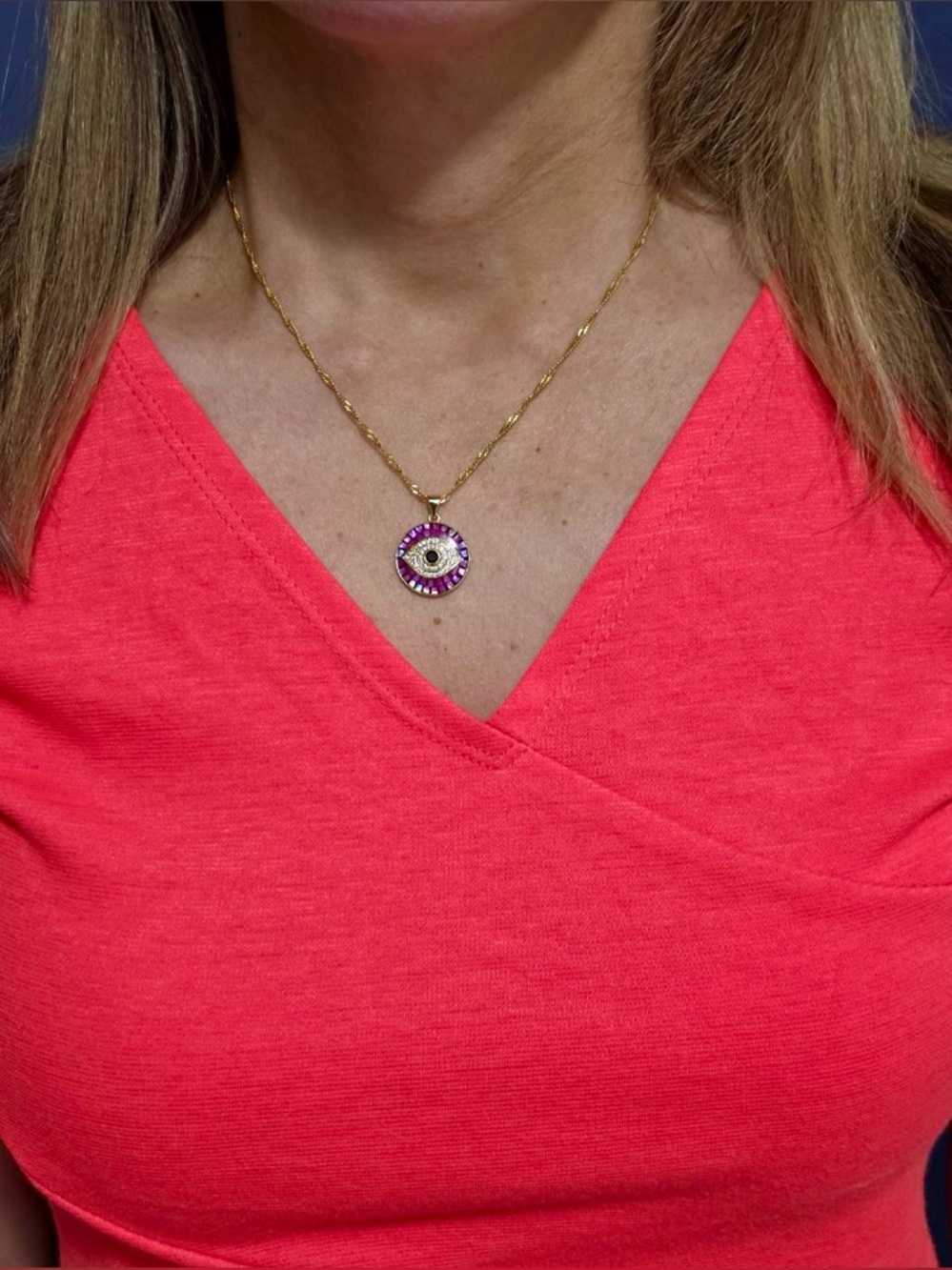 Purple Evil Eye Necklace Gold Tone Anti Tarnish CZ pave setting Pendant - Picture 3 of 4